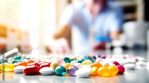 Prescription medication in pharmacy vials - Multicolor tablets and pills capsules from glass bottle on Doctor Table Health care Close-up. Generative AI