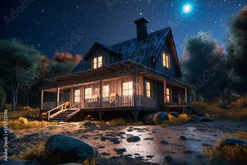 A secluded cabin with a cozy fireplace and starry skies