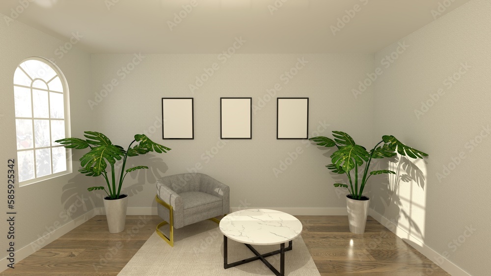 Room with three frames and armchair in white room with two plants and window Room with three frames and armchair in white room with two plants and window