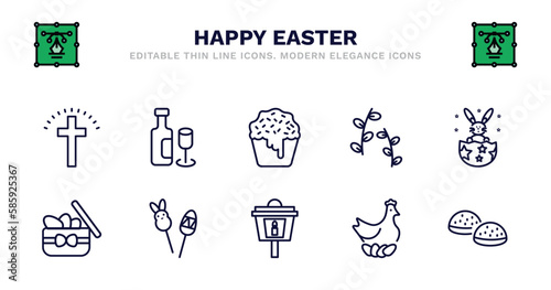 set of happy easter thin line icons. happy easter outline icons such as wine, cake, willow, happy easter, gift box, gift box, candy, lamp, chicken, buns vector.
