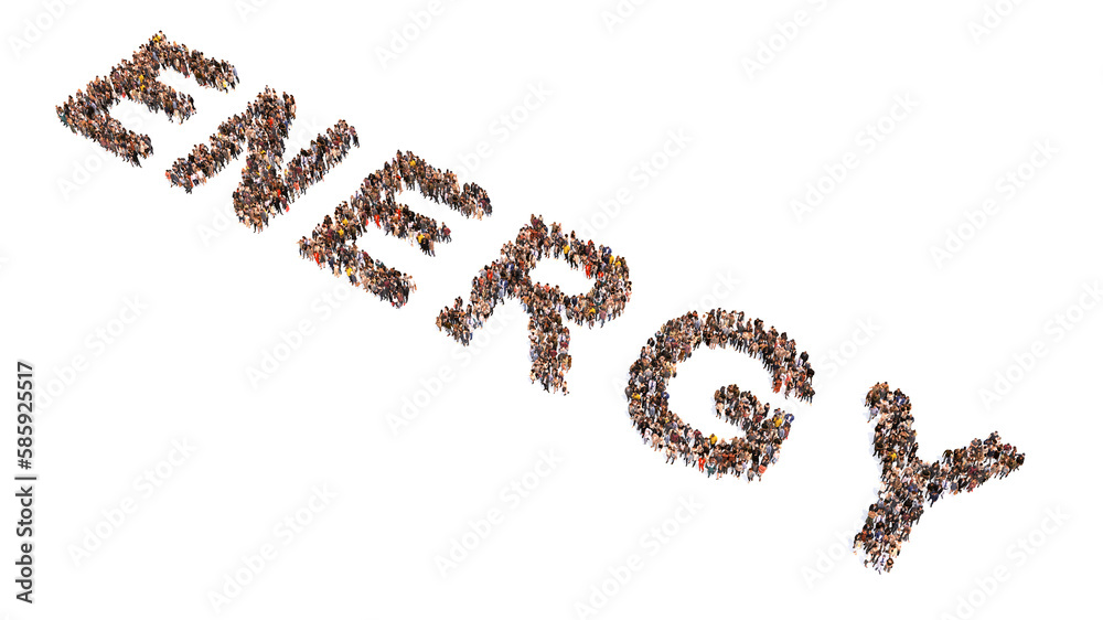 Concept or conceptual large community of people forming ENERGY word. 3d illustration metaphor for fossil fuel, technology, alternative, renewable, sustainable, green and environment Concept or conceptual large community of people forming ENERGY word. 3d illustration metaphor for fossil fuel, technology, alternative, renewable, sustainable, green and environment