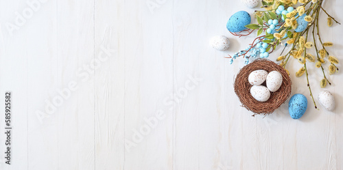 Sticker Willow branches and decorations, easter eggs on a light background