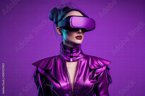 Purple Backdrop Young Female With Vr Set And Copy Space Generative AI © Johnathan