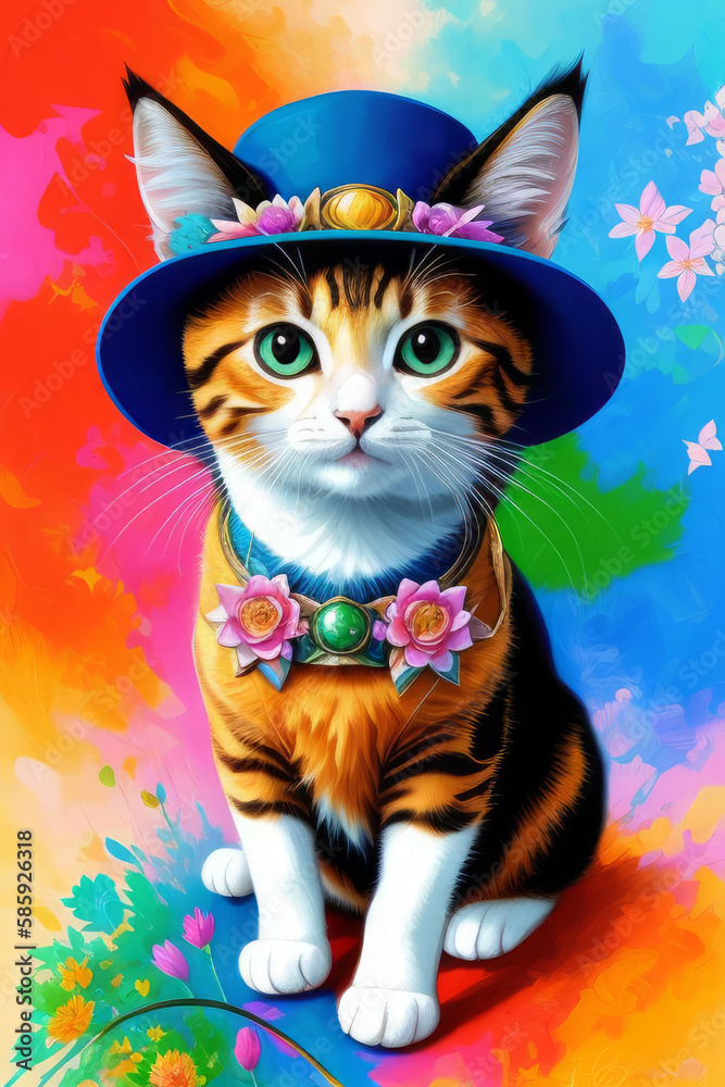 Cute cat in a blue hat, flower background, Generative AI Art Illustration 01