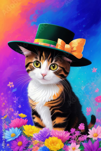 Cute cat in a green hat, flower background, Generative AI Art Illustration 01
