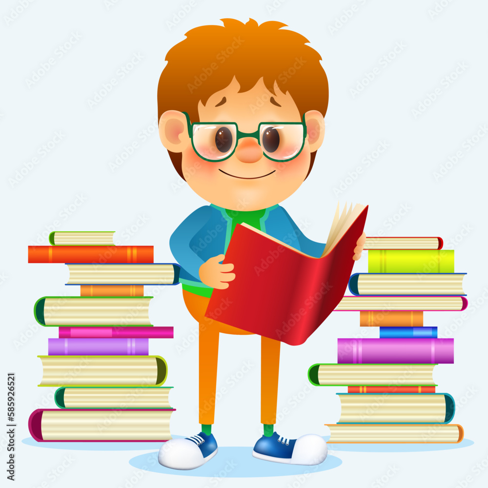 cute cartoon boy in glasses with open book on blue background. kid with pile of books. love reading concept. vector illustration.
