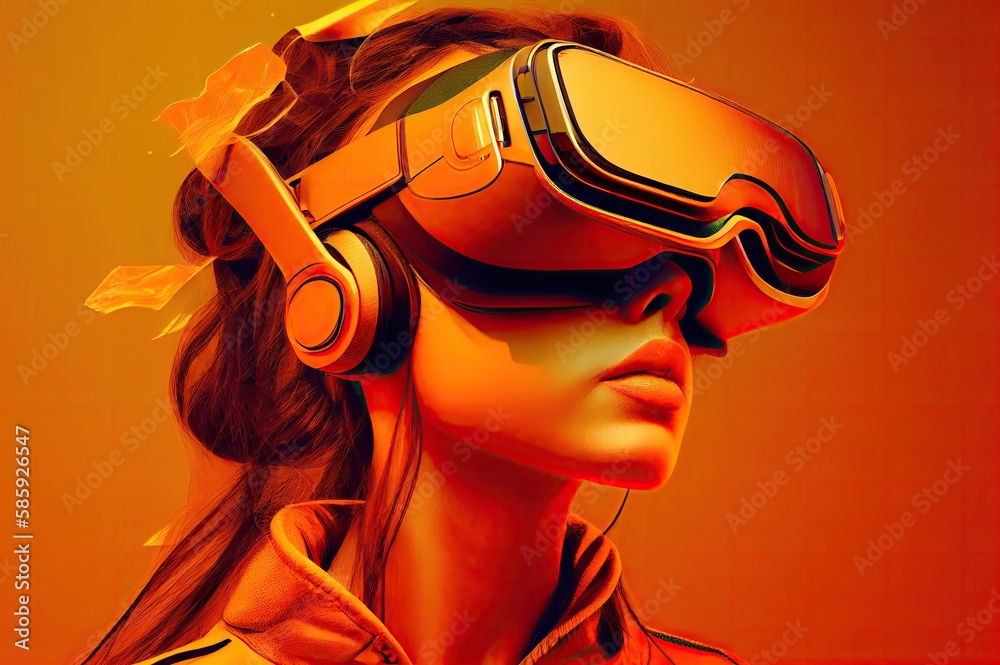 Orange Background Young Female With Vr Headset And Copy Space Generative AI Orange Background Young Female With Vr Headset And Copy Space Generative AI