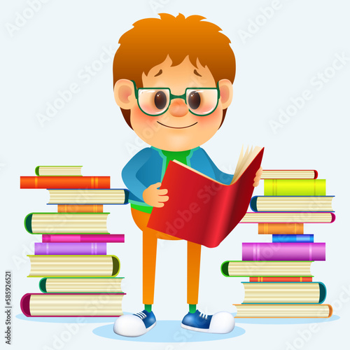 cute cartoon boy in glasses with open book on blue background. kid with pile of books. love reading concept. vector illustration.