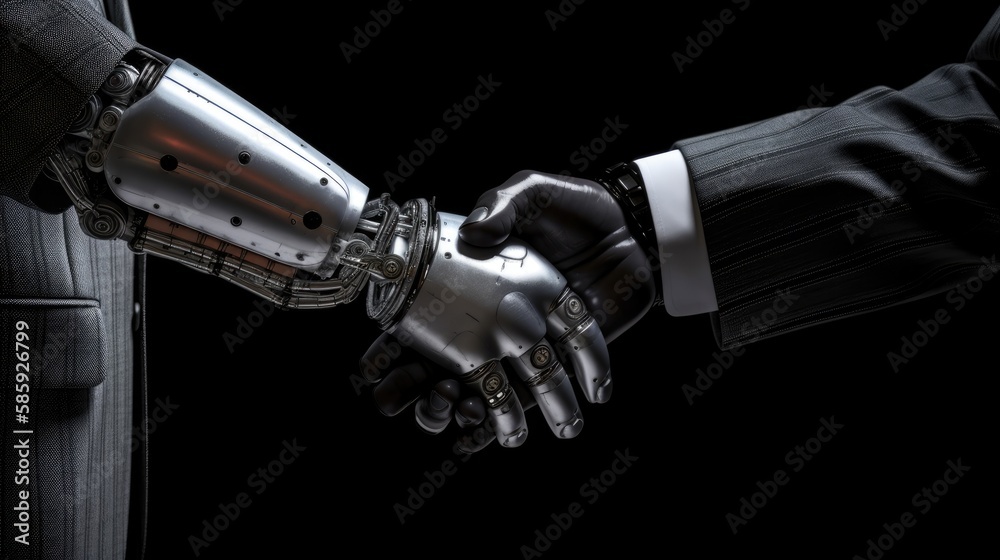 Fototapeta premium Modern AI robots handshake. Generative AI