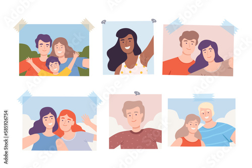 Photos of Young People with Selfie Smiling Portraits Vector Set