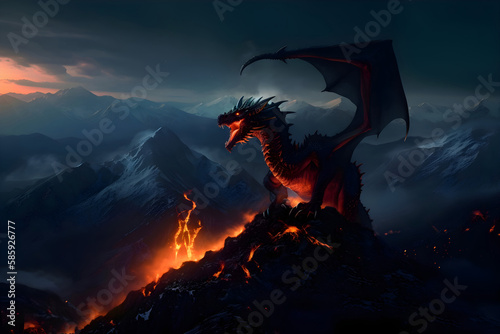 Fire breathes explode from a giant dragon in a black night, the epic battle evil concept art