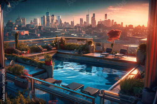 A city rooftop pool with skyline views and cocktails © Nilima