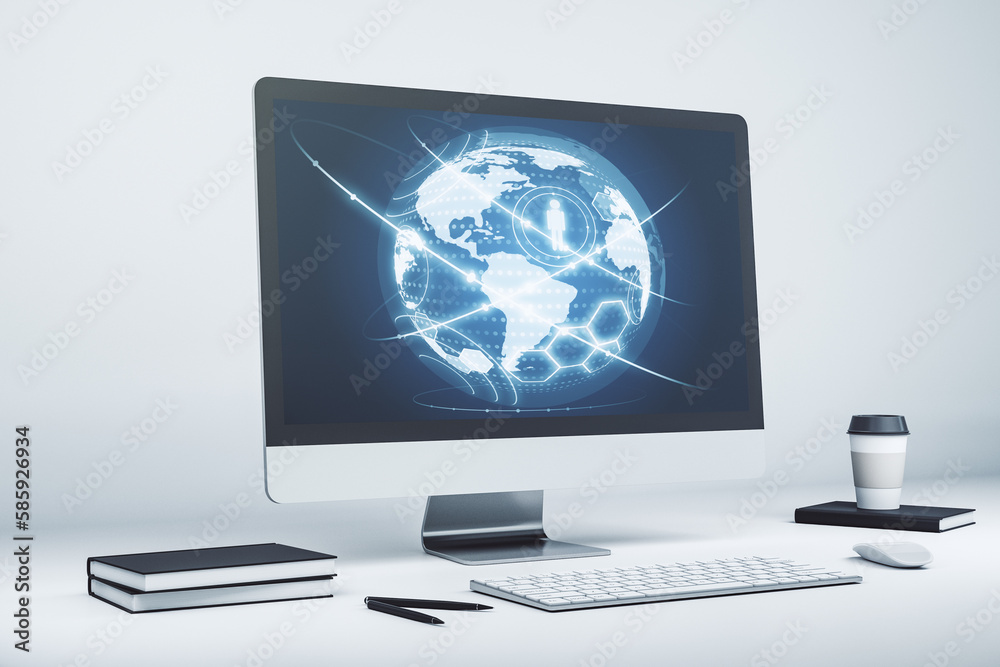 Social network concept with world map on modern laptop screen. 3D Rendering Social network concept with world map on modern laptop screen. 3D Rendering