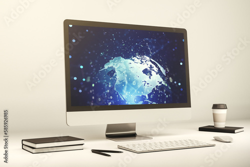 Abstract creative coding concept with world map on modern laptop screen. 3D Rendering