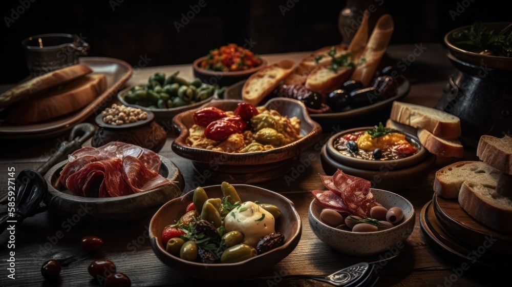 Savor the Taste of Spain: Variety of Tapas dishes from a 5-star Kitchen with Beautiful Bokeh Background ambiance using Generative AI