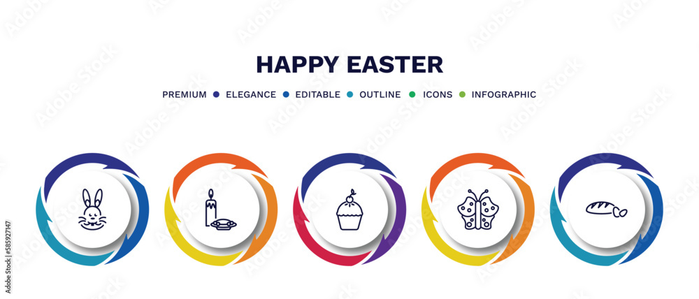 set of happy easter thin line icons. happy easter outline icons with infographic template. linear icons such as easter bunny, altar, pie, butterfly, bread vector.