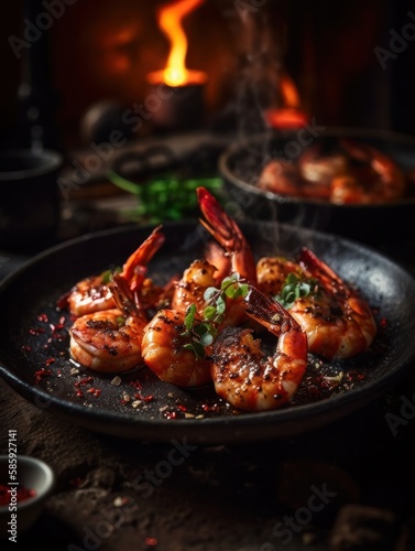Grilled Succulent Shrimps in 5-Star Kitchen with Gorgeous Bokeh Background using Generative AI
