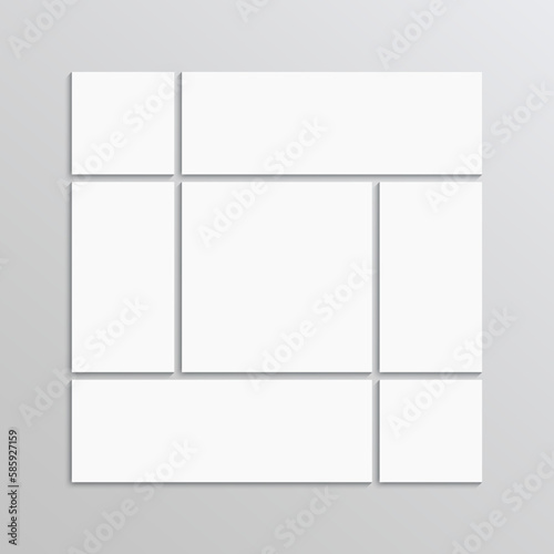 Empty photo collage template. Moodboard layout. Retro album brandboard. Portfolio scrapbook. Gallery banner. Mood board grid. Mosaic pictures frame. Images background. Vector illustration