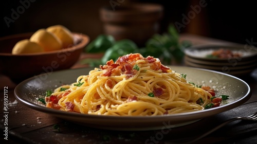 Delicious Spaghetti Carbonara created in 5-star kitchen with Bokeh ambiance using Generative AI