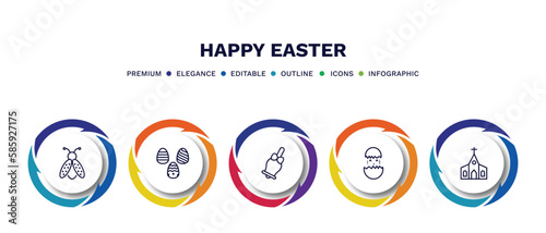 set of happy easter thin line icons. happy easter outline icons with infographic template. linear icons such as ladybug, egg hunt, bell, hatch, church vector.