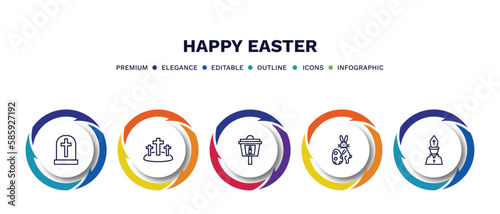 set of happy easter thin line icons. happy easter outline icons with infographic template. linear icons such as cemetery, calvary, lamp, easter bunny, pope vector.