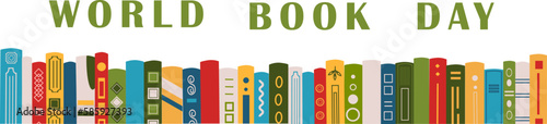 World book day banner. Horizontal banner with different books. Advertising template for bookstore,bookshop, library. Vector illustation.