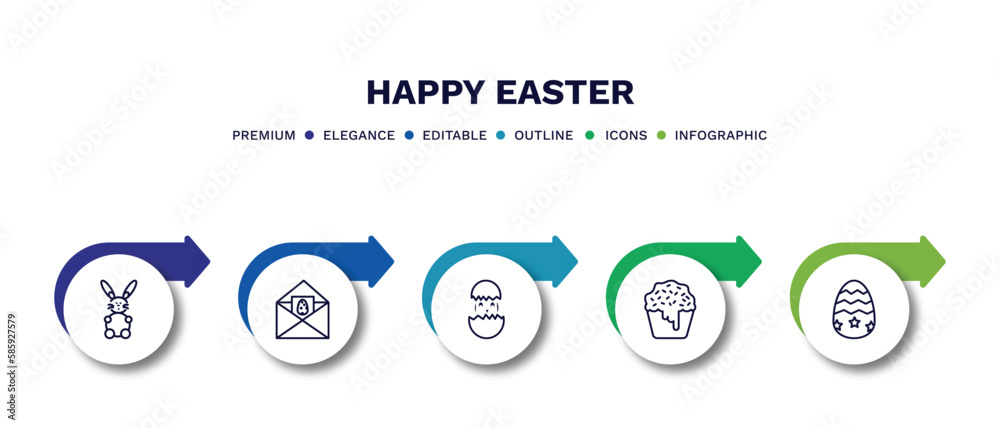 set of happy easter thin line icons. happy easter outline icons with infographic template. linear icons such as easter bunny, postcard, hatch, cake, egg vector.