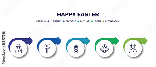 set of happy easter thin line icons. happy easter outline icons with infographic template. linear icons such as shopping bag, cross, easter bunny, ribbon, nun vector.