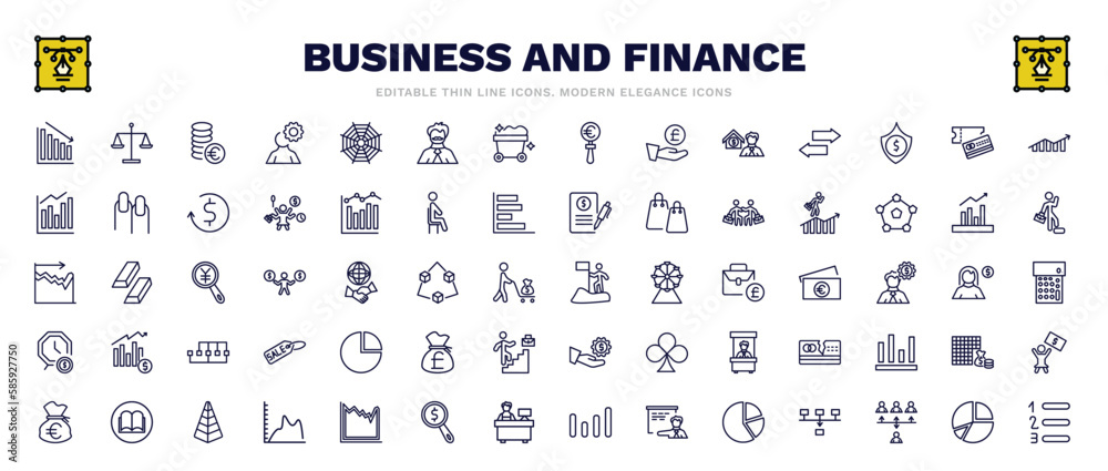 set of business and finance thin line icons. business and finance outline icons such as loss chart, euro coins stack, increase rate, success man, man success, infographic elements, story, portion