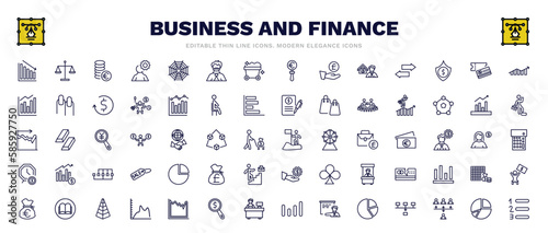set of business and finance thin line icons. business and finance outline icons such as loss chart, euro coins stack, increase rate, success man, man success, infographic elements, story, portion