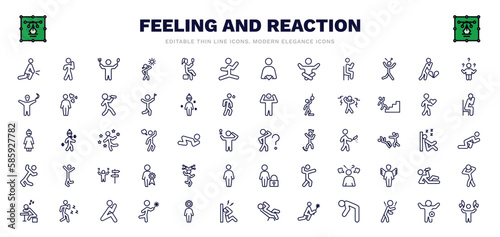 set of feeling and reaction thin line icons. feeling and reaction outline icons such as sore human, hungry human, silly human, heartbroken shocked curious funny lonely super vector.