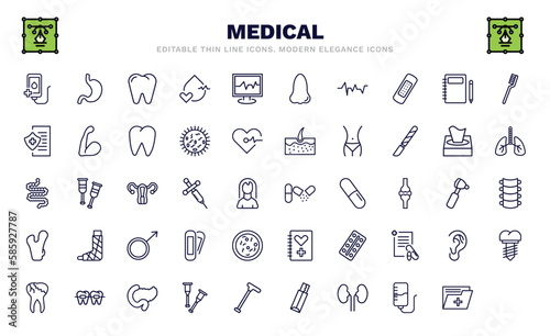 set of medical thin line icons. medical outline icons such as transfusion, premolar, lifeline, medical insurance, intestines, antibiotic, femur, caries, records vector.