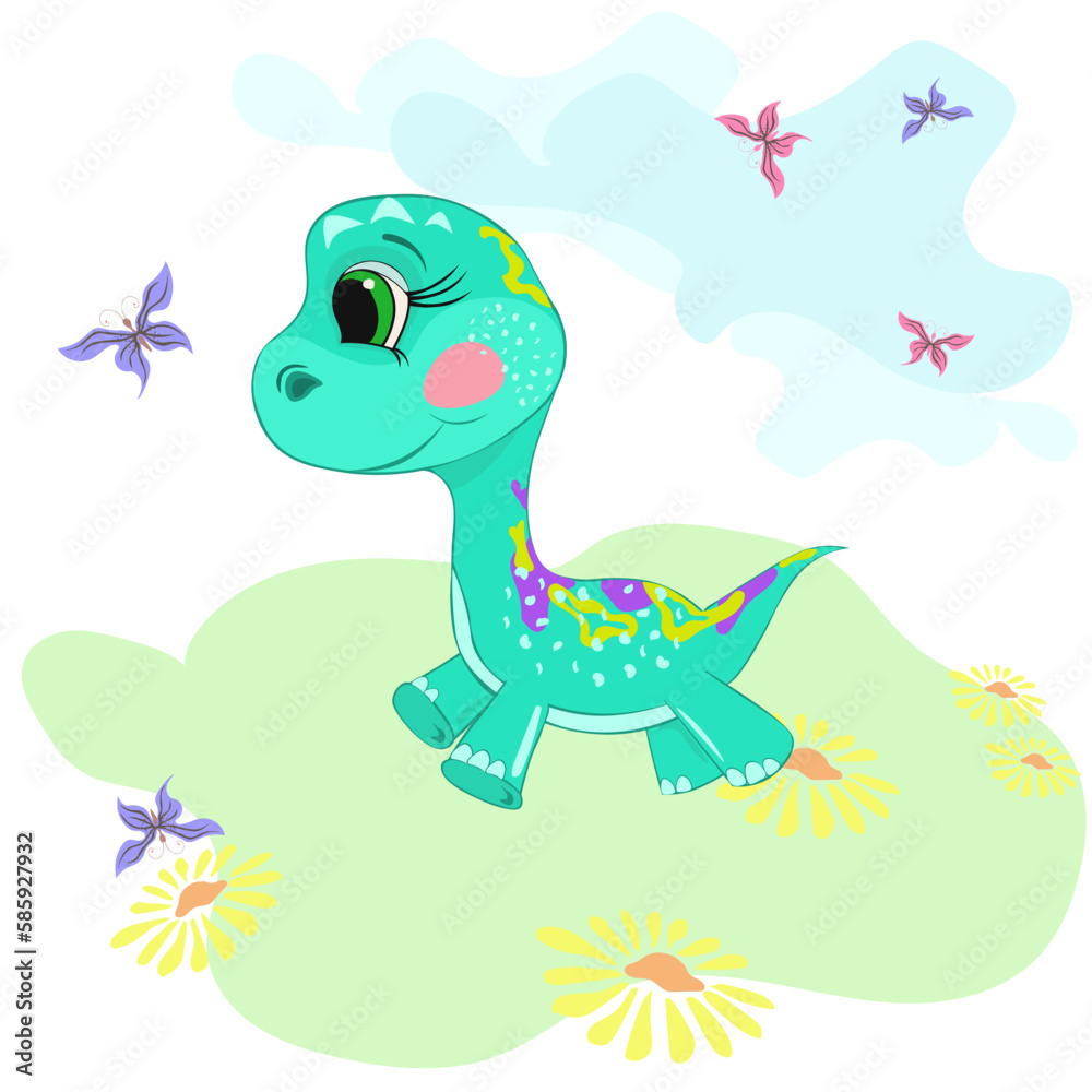 Fototapeta premium Vector illustration of cute fabulous dinosaur. Template for social media posts, stories, banners.Hand drawn animal, for kids, books, applications, covers, wallpapers, stickers, business cards