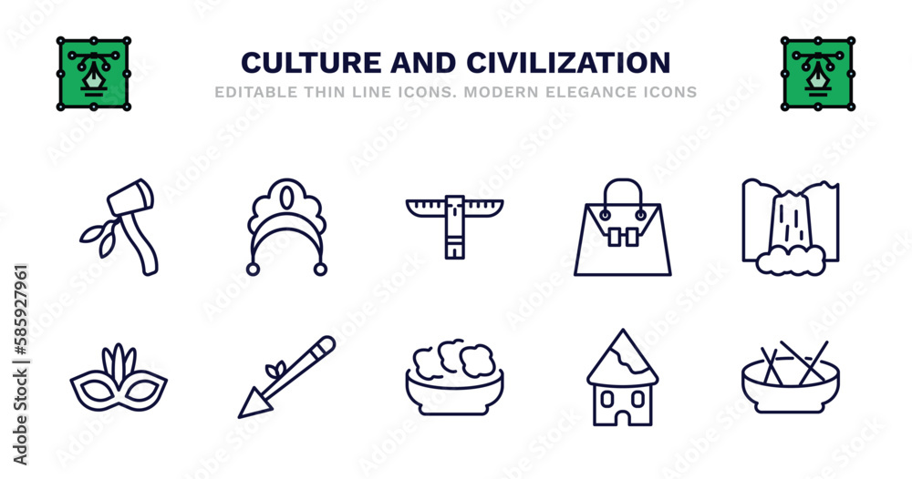 Fototapeta premium set of culture and civilization thin line icons. culture and civilization outline icons such as kokoshnik, native american totem, crocodile leather bag, maletsunyane, brazil carnival mask, brazil