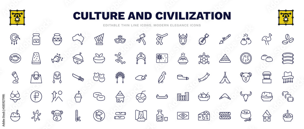 set of culture and civilization thin line icons. culture and civilization outline icons such as native american drum, native american pot, coffee grains, calumet, aw on a branch, mantecados, gecko set of culture and civilization thin line icons. culture and civilization outline icons such as native american drum, native american pot, coffee grains, calumet, aw on a branch, mantecados, gecko