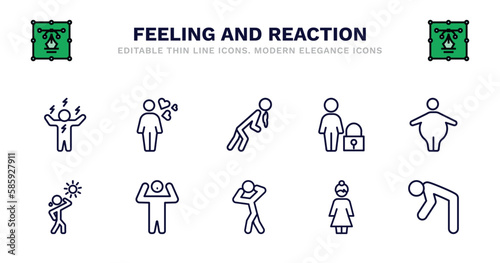 set of feeling and reaction thin line icons. feeling and reaction outline icons such as emotional human, sick human, safe human, fat hot hot amazed scared beautiful depressed vector.