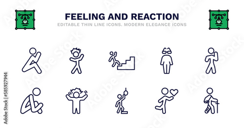 set of feeling and reaction thin line icons. feeling and reaction outline icons such as irritated human, blah human, cool human, proud sad sad crazy hopeless loved broken vector.