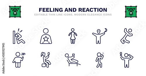 set of feeling and reaction thin line icons. feeling and reaction outline icons such as good human, sexy human, horrible human, ecstatic bored bored pretty relaxed bad inspired vector.