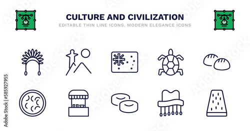 set of culture and civilization thin line icons. culture and civilization outline icons such as rio de janeiro, australian flag, surfing a sea turtle, steamed bread, fabada, fabada, food stall,
