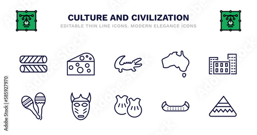 set of culture and civilization thin line icons. culture and civilization outline icons such as goat cheese, australian alligator, australian continent, bo kaap, maracas couple, maracas couple,