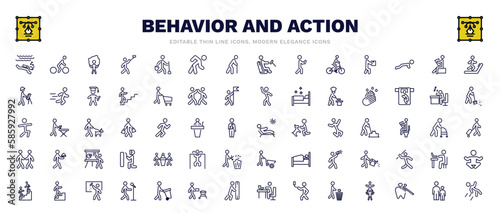set of behavior and action thin line icons. behavior and action outline icons such as man diving, rope jumping, man on treadmill, washing hands, man sunbathing, three men conference, climbing, child