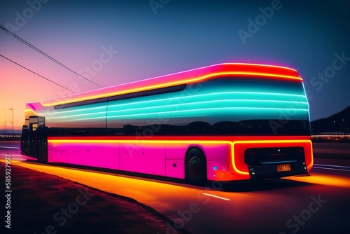 Graphic representation of Futuristic Neon Autonomous Bus. Generative AI. 