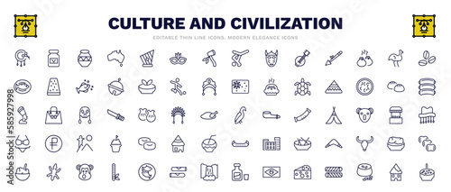 set of culture and civilization thin line icons. culture and civilization outline icons such as native american drum, native american pot, coffee grains, calumet, aw on a branch, mantecados, gecko