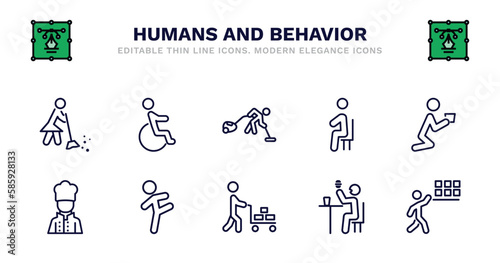 set of humans and behavior thin line icons. humans and behavior outline icons such as wheel chair, vacuum cleaning, sitting down, begging, kitchen chef, kitchen chef, smortsmen, hotel supplier,