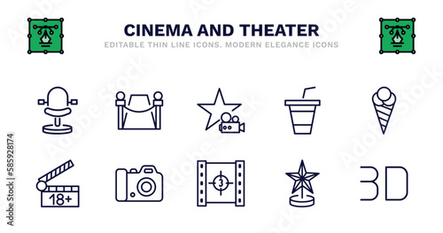 set of cinema and theater thin line icons. cinema and theater outline icons such as red carpet, famous cinema star, papper cup with straw, stripped ice cream cone, plus 18 movie, plus 18 movie, dslr