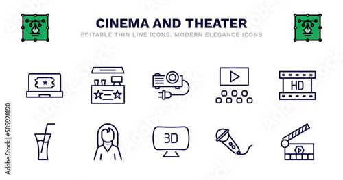 set of cinema and theater thin line icons. cinema and theater outline icons such as cinema snack bar, projector with plug, film viewer, hd video, drink with straw, drink with straw, actress, 3d