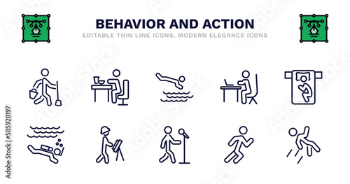 set of behavior and action thin line icons. behavior and action outline icons such as man eating, headfirst to water, man working at desk, man sleeping, diving, diving, engineer working, singer with photo