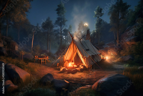 A camping trip with a roaring campfire and stargazing