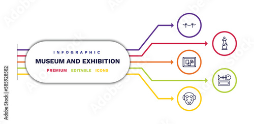 set of museum and exhibition thin line icons. museum and exhibition outline icons with infographic template. linear icons such as museum fencing, pop art, african mask, venus de milo, fishbone