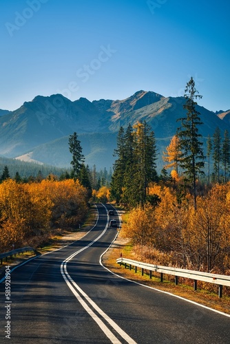 Beautiful mountain landscape in the morning. The most beautiful road in Poland with a view of the Tatra Mountains.